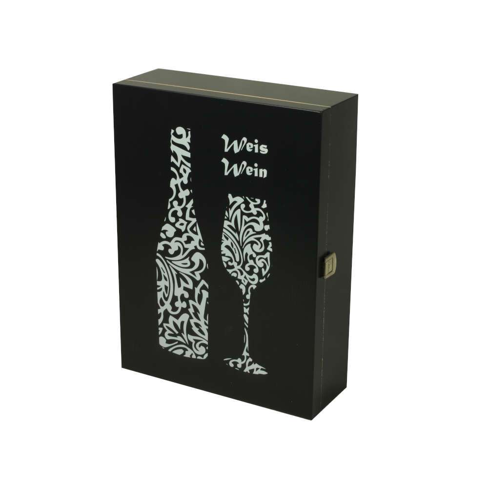 Buche/Birke schwarz lackierte 3er Weinkiste mit weißem Druck